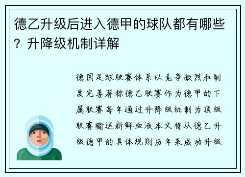 德乙升级后进入德甲的球队都有哪些？升降级机制详解
